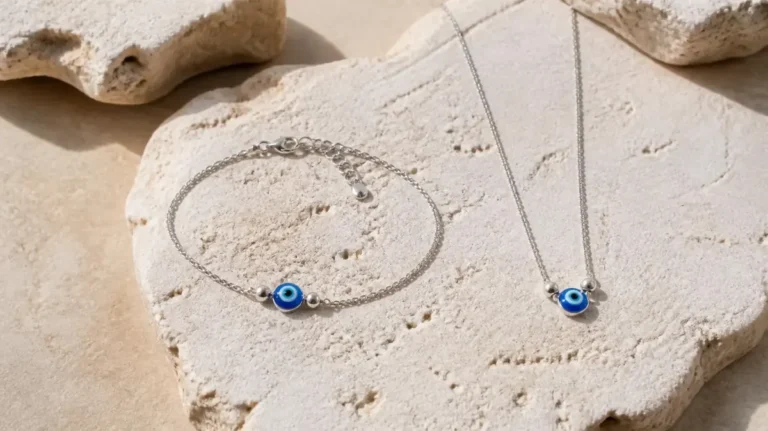 Silver evil eye bracelet and necklace with blue glass eye bead