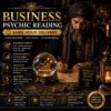A business psychic reading advertisement featuring a person in a turban writing on parchment next to a glowing crystal ball with a bar graph inside. Text includes Business Psychic Reading, Detailed Written Report, and service details. — Khodamdjin