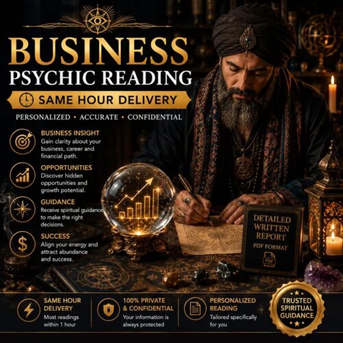 A business psychic reading advertisement featuring a person in a turban writing on parchment next to a glowing crystal ball with a bar graph inside. Text includes Business Psychic Reading, Detailed Written Report, and service details. — Khodamdjin
