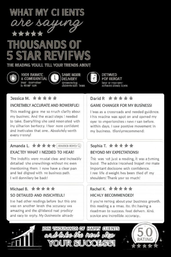 A black graphic display featuring customer testimonials with five-star ratings. The text reads: WHAT MY CLIENTS are saying, THOUSANDS OF 5 STAR REVIEWS, THE READING YOU'LL TELL YOUR FRIENDS ABOUT, and JOIN THOUSANDS OF HAPPY CLIENTS. — Khodamdjin