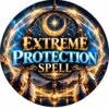 A circular graphic featuring a dreamcatcher with gold and blue light rays, a crescent moon, and hanging feathers. The text EXTREME PROTECTION SPELL is centered in gold and blue lettering against a dark, starry, mountainous background. — Khodamdjin