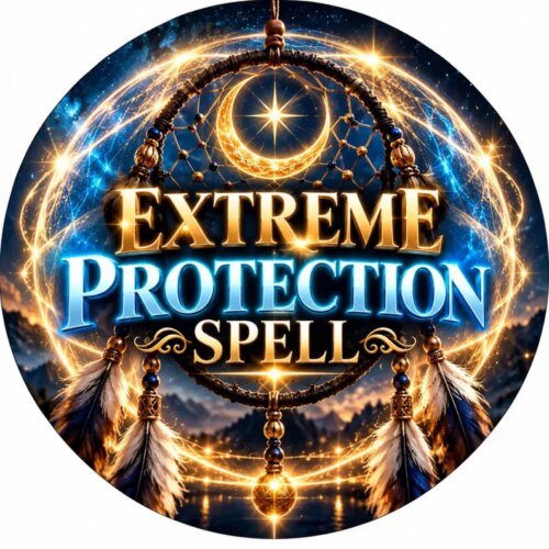 Extreme Protection Ritual — Khodamdjin A circular graphic featuring a dreamcatcher with gold and blue light rays, a crescent moon, and hanging feathers. The text EXTREME PROTECTION SPELL is centered in gold and blue lettering against a dark, starry, mountainous background. — Khodamdjin