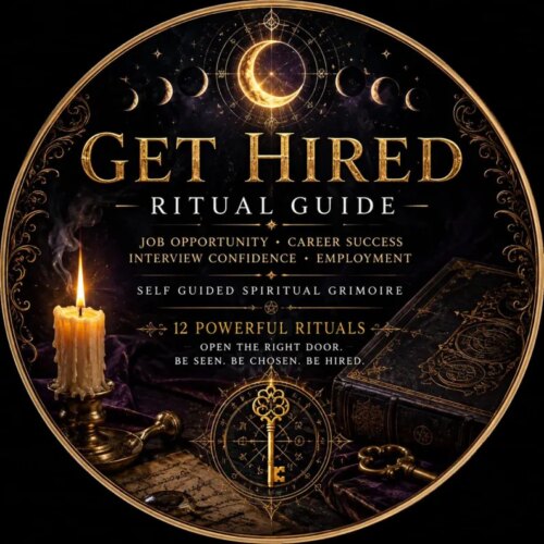 A circular graphic featuring the text GET HIRED RITUAL GUIDE, JOB OPPORTUNITY, CAREER SUCCESS, INTERVIEW CONFIDENCE, EMPLOYMENT, SELF GUIDED SPIRITUAL GRIMOIRE, 12 POWERFUL RITUALS, OPEN THE RIGHT DOOR, BE SEEN, BE CHOSEN, BE HIRED, a candle, and a key. — Khodamdjin