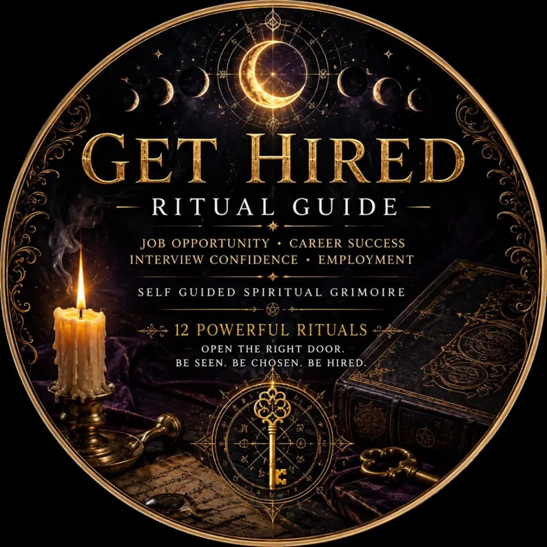A circular graphic featuring the text GET HIRED RITUAL GUIDE, JOB OPPORTUNITY, CAREER SUCCESS, INTERVIEW CONFIDENCE, EMPLOYMENT, SELF GUIDED SPIRITUAL GRIMOIRE, 12 POWERFUL RITUALS, OPEN THE RIGHT DOOR, BE SEEN, BE CHOSEN, BE HIRED, a candle, and a key. — Khodamdjin