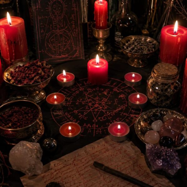 A black altar cloth featuring a red circular occult diagram with a central star, surrounded by several lit red pillar and tea light candles, bowls of dried herbs, a glass jar with cork stopper, crystals, and a piece of aged parchment. — Khodamdjin