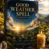 A hardcover book titled Good Weather Spell Self-Guided Ritual Guide with a cover illustration of a sunlit valley, a golden sun face, and four circular icons labeled Clear Skies, Sunshine, Positive Energy, and Perfect Days. — Khodamdjin