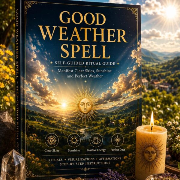 A hardcover book titled Good Weather Spell Self-Guided Ritual Guide with a cover illustration of a sunlit valley, a golden sun face, and four circular icons labeled Clear Skies, Sunshine, Positive Energy, and Perfect Days. — Khodamdjin
