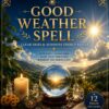 A digital guide titled GOOD WEATHER SPELL featuring text: CLEAR SKIES & SUNSHINE ENERGY RITUAL, STOP RAIN, CLEAR SKIES, RAISE YOUR VIBRATION, MANIFEST THE PERFECT DAY. Includes a crystal ball, a candle with a sun icon, and 12 PAGES PDF GUIDE. — Khodamdjin