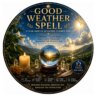 A circular graphic featuring the text GOOD WEATHER SPELL, CLEAR SKIES & SUNSHINE ENERGY RITUAL, and 12 PAGES PDF GUIDE. The image displays a crystal ball on a wooden stand, a lit candle, crystals, and a landscape with a sunrise. — Khodamdjin