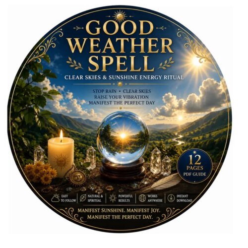 A circular graphic featuring the text GOOD WEATHER SPELL, CLEAR SKIES & SUNSHINE ENERGY RITUAL, and 12 PAGES PDF GUIDE. The image displays a crystal ball on a wooden stand, a lit candle, crystals, and a landscape with a sunrise. — Khodamdjin