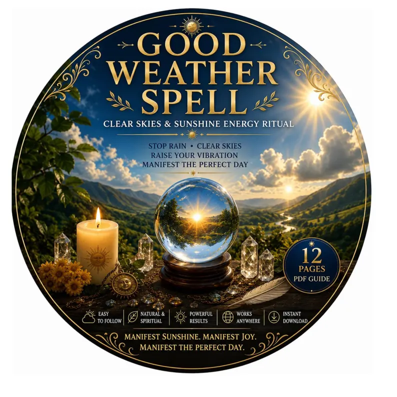 A circular graphic featuring the text GOOD WEATHER SPELL, CLEAR SKIES & SUNSHINE ENERGY RITUAL, and 12 PAGES PDF GUIDE. The image displays a crystal ball on a wooden stand, a lit candle, crystals, and a landscape with a sunrise. — Khodamdjin