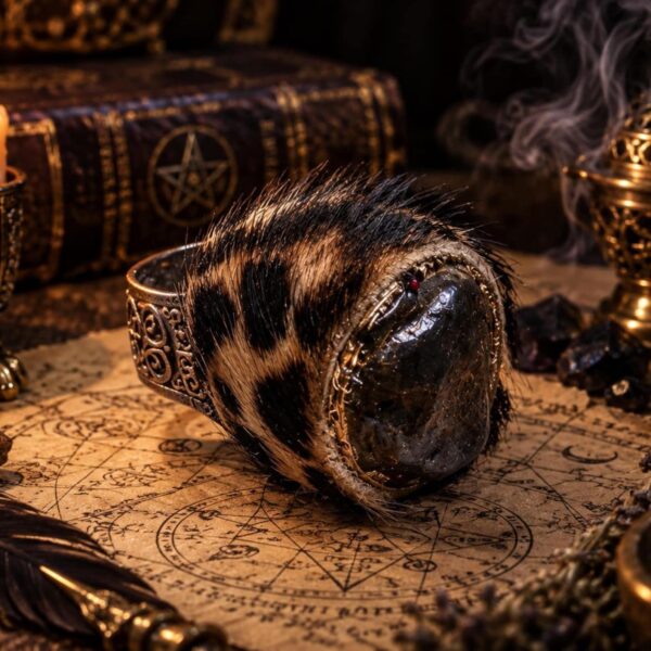 A wide cuff bracelet featuring a silver-toned metal band with intricate embossed scrollwork patterns. The center is adorned with a large, dark, polished stone surrounded by a textured border and covered in brown and black animal fur. — Khodamdjin