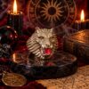 A gold-toned metal ring shaped like a lion's head with a prominent red gemstone set in the open mouth. The lion features detailed mane textures and facial features, with the red stone positioned between the upper and lower fangs. — Khodamdjin