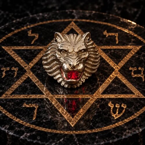 A metallic lion head ring featuring a detailed mane and a bright red gemstone set within its open mouth. The ring is positioned on a circular black marble surface decorated with a gold-colored hexagram and Hebrew characters. — Khodamdjin