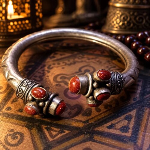 A silver-toned metal cuff bracelet featuring an open design with engraved patterns along the band. The two ends are decorated with multiple oval-shaped, reddish-brown glittery stones set in metal casings, creating a symmetrical appearance. — Khodamdjin