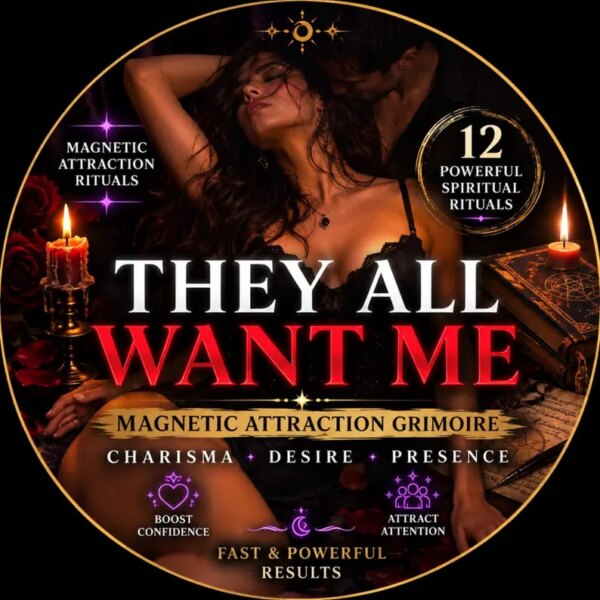 A circular graphic featuring a person in black lace, surrounded by candles and books. Text reads: THEY ALL WANT ME, MAGNETIC ATTRACTION GRIMOIRE, 12 POWERFUL SPIRITUAL RITUALS, MAGNETIC ATTRACTION RITUALS, CHARISMA, DESIRE, PRESENCE, BOOST CONFIDENCE, ATTRACT ATTENTION, FAST & POWERFUL RESULTS. — Khodamdjin