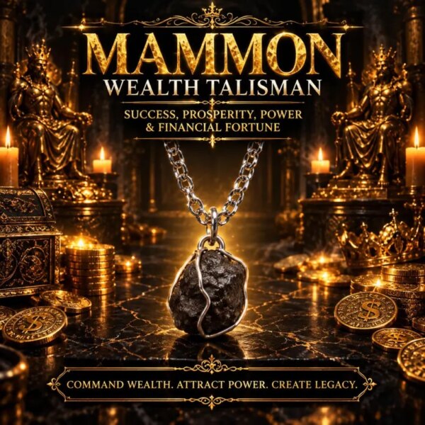 A silver chain necklace featuring a raw, dark, textured stone pendant encased in a wire frame. The image includes text reading MAMMON WEALTH TALISMAN, SUCCESS, PROSPERITY, POWER & FINANCIAL FORTUNE, and COMMAND WEALTH. ATTRACT POWER. CREATE LEGACY. — Khodamdjin