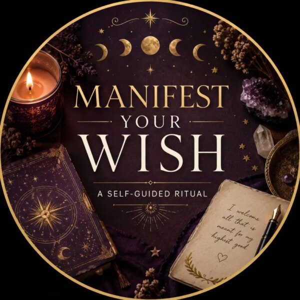 A circular graphic featuring the text "MANIFEST YOUR WISH A SELF-GUIDED RITUAL" in gold lettering. The design includes a moon phase cycle, a purple book with a gold star emblem, a lit candle, crystals, and a parchment with handwritten text. — Khodamdjin