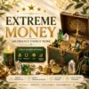 A green candle with a tree emblem, a treasure chest filled with gold coins and crystals, and a green drawstring pouch. Text reads: EXTREME MONEY ABUNDANCE ENERGY WORK, 7 SELF-GUIDED RITUALS FOR WEALTH, PROSPERITY, LUCK, FINANCIAL CLARITY. — Khodamdjin