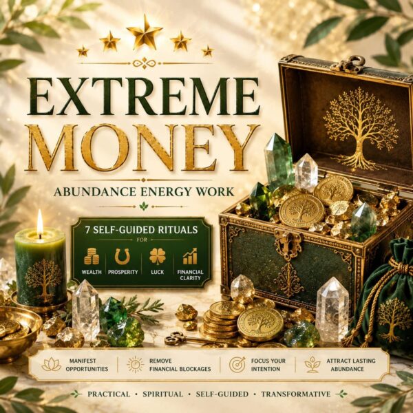 A green candle with a tree emblem, a treasure chest filled with gold coins and crystals, and a green drawstring pouch. Text reads: EXTREME MONEY ABUNDANCE ENERGY WORK, 7 SELF-GUIDED RITUALS FOR WEALTH, PROSPERITY, LUCK, FINANCIAL CLARITY. — Khodamdjin