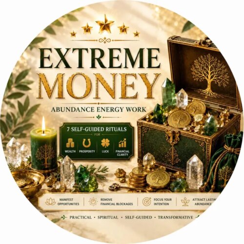 A circular graphic featuring the text EXTREME MONEY ABUNDANCE ENERGY WORK, 7 SELF-GUIDED RITUALS FOR WEALTH PROSPERITY LUCK FINANCIAL CLARITY, and MANIFEST OPPORTUNITIES, REMOVE FINANCIAL BLOCKAGES, FOCUS YOUR INTENTION, ATTRACT LASTING ABUNDANCE. — Khodamdjin
