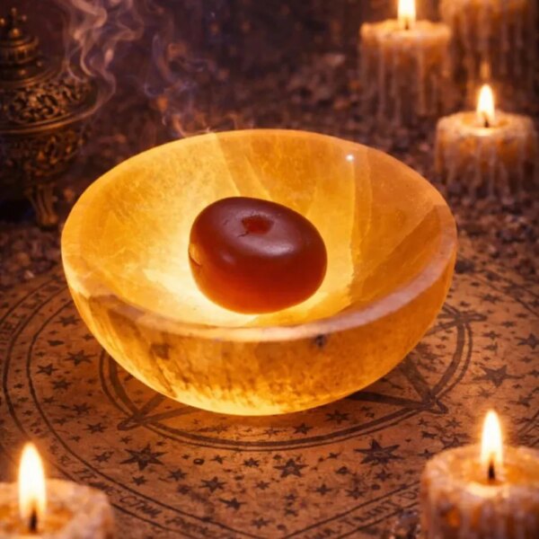 A glowing, translucent orange stone bowl with a smooth, rounded surface. Inside the bowl sits a single, dark reddish-brown, oval-shaped stone. The bowl emits a warm, soft light, highlighting its crystalline texture and natural mineral veins. — Khodamdjin