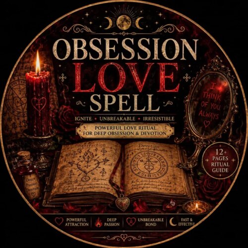 A circular graphic featuring the text OBSESSION LOVE SPELL, a lit red candle with a heart symbol, an open book with occult diagrams, a mirror with the text I THINK OF YOU ALWAYS, a small bottle, and a 12+ pages ritual guide label. — Khodamdjin