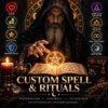 A bearded figure in a dark hooded robe gestures over an open book with a glowing pentagram. The image features text reading CUSTOM SPELL & RITUALS, PERSONALIZED, POWERFUL, MEANINGFUL, ANCIENT WISDOM FOR A BRIGHTER TOMORROW, and various icons. — Khodamdjin