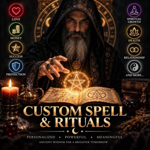 Personalised Spiritual Ritual Kit — Khodamdjin A bearded figure in a dark hooded robe gestures over an open book with a glowing pentagram. The image features text reading CUSTOM SPELL & RITUALS, PERSONALIZED, POWERFUL, MEANINGFUL, ANCIENT WISDOM FOR A BRIGHTER TOMORROW, and various icons. — Khodamdjin