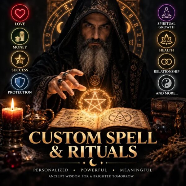 A bearded figure in a dark hooded robe gestures over an open book with a glowing pentagram. The image features text reading CUSTOM SPELL & RITUALS, PERSONALIZED, POWERFUL, MEANINGFUL, ANCIENT WISDOM FOR A BRIGHTER TOMORROW, and various icons. — Khodamdjin