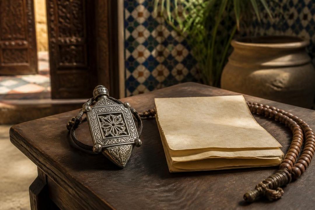 Silver amulet pendant beside beads on a wooden table in a softly lit Moroccan riad