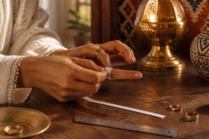 Hands wrapping a paper strip around a finger beside a ruler on a warm wooden workbench