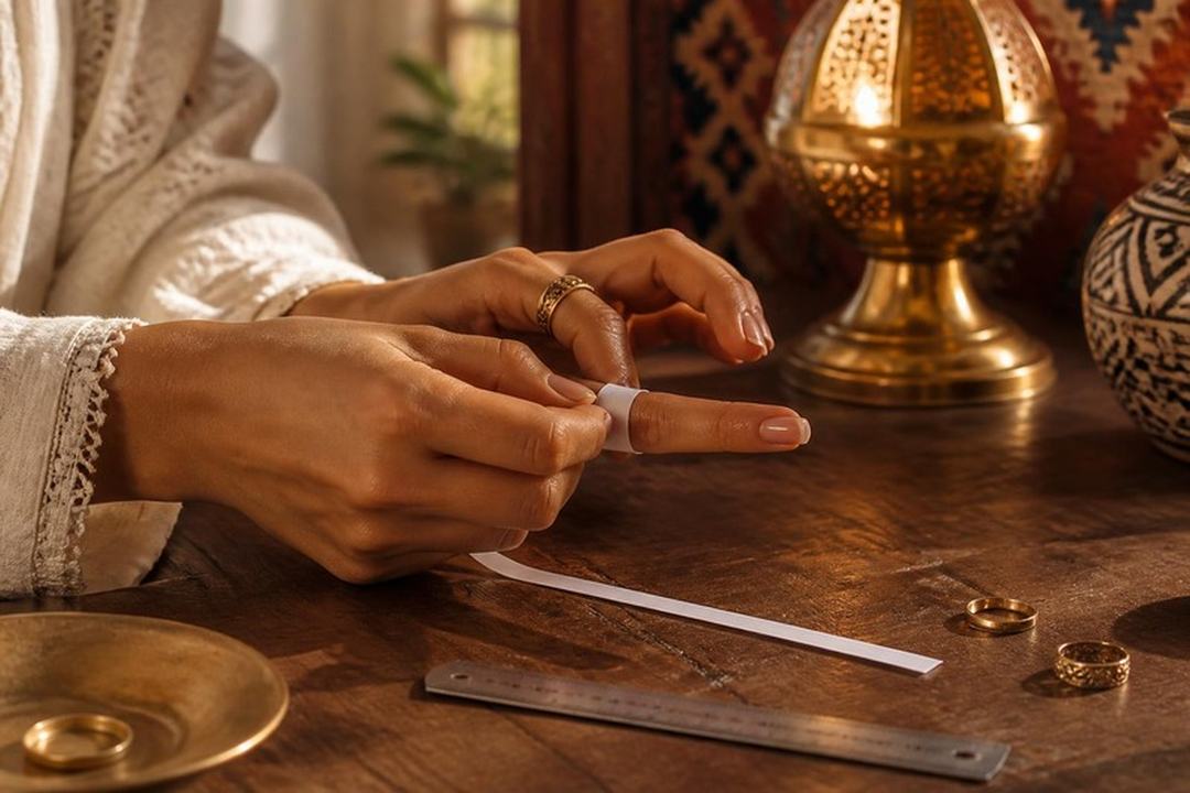 Hands wrapping a paper strip around a finger beside a ruler on a warm wooden workbench