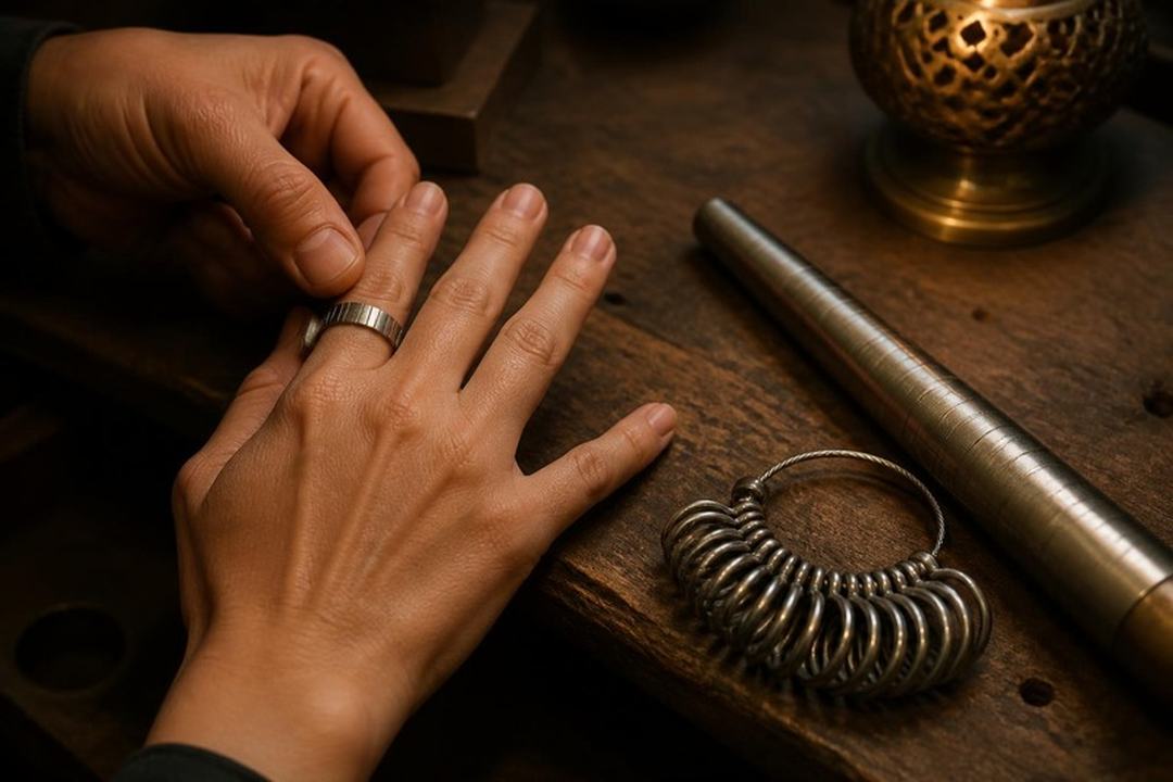 Hands measuring a silver ring with a metal ring mandrel on a wooden workbench