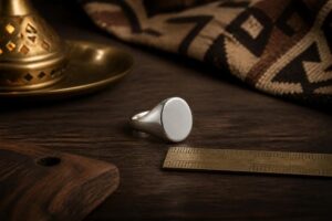 Plain unengraved silver signet ring with oval face beside a small ruler on a walnut surface