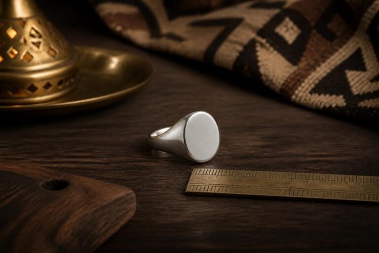 Plain unengraved silver signet ring with oval face beside a small ruler on a walnut surface