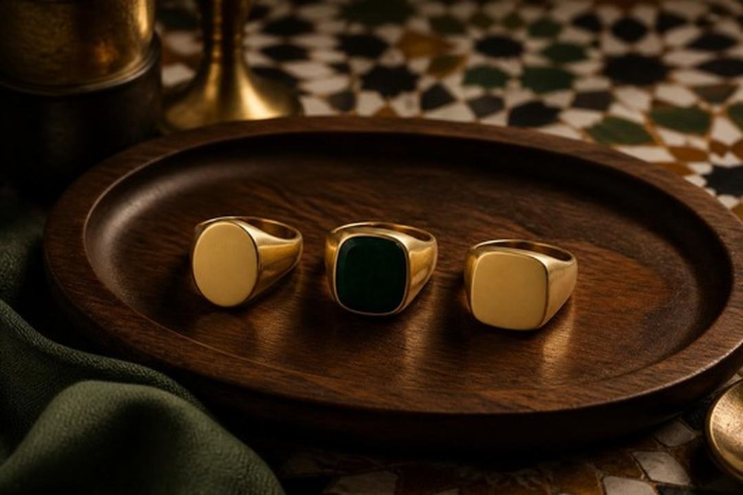 Three blank signet rings with oval, square and cushion faces arranged on dark walnut